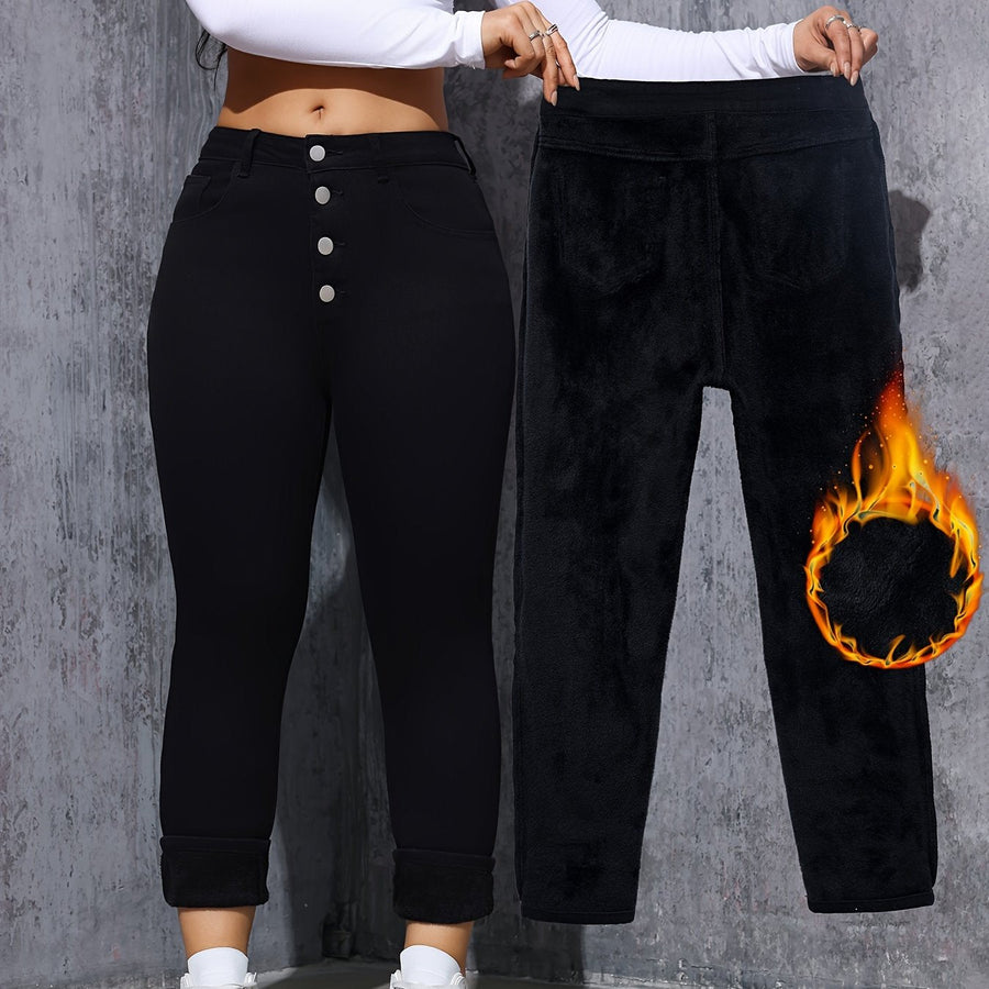 Svarta Damjeans med Hög Midja och Knappar, Fodrade