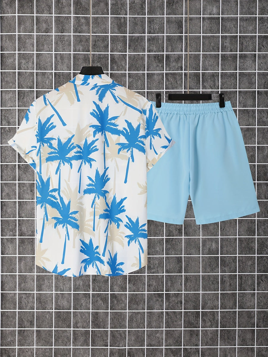 Herr Skjorta med Palmtryck och Shorts – Semesterset för Strand och Sommar