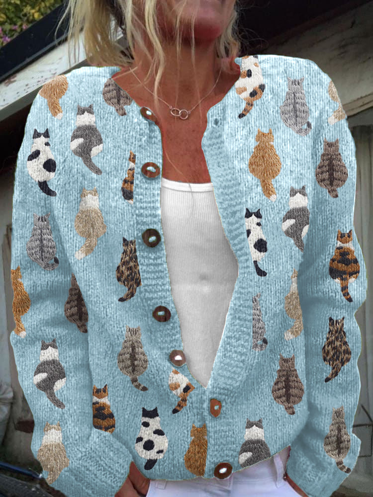 Cardigan med kattmönster och knappar, stickad beige