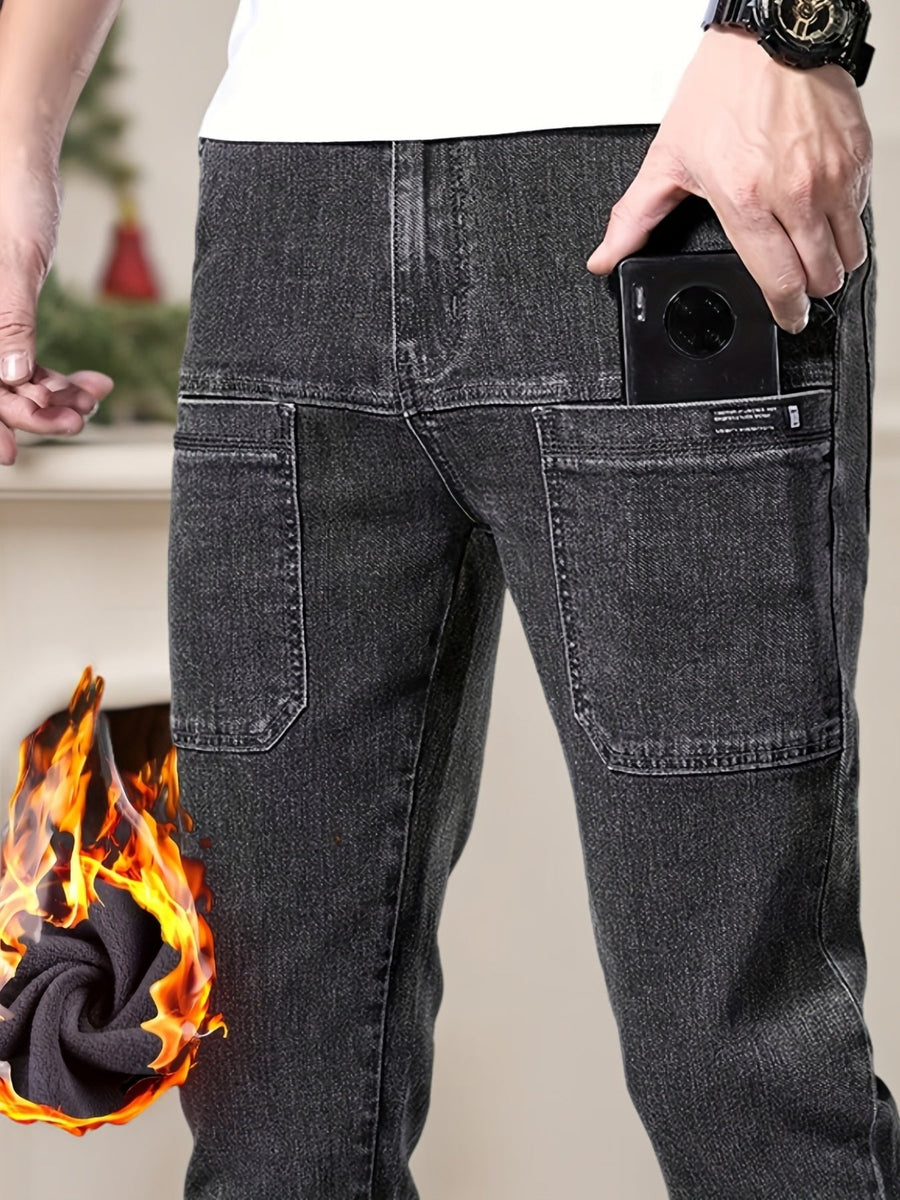 Herrjeans med fleecefoder svarta med raka ben och cargofickor