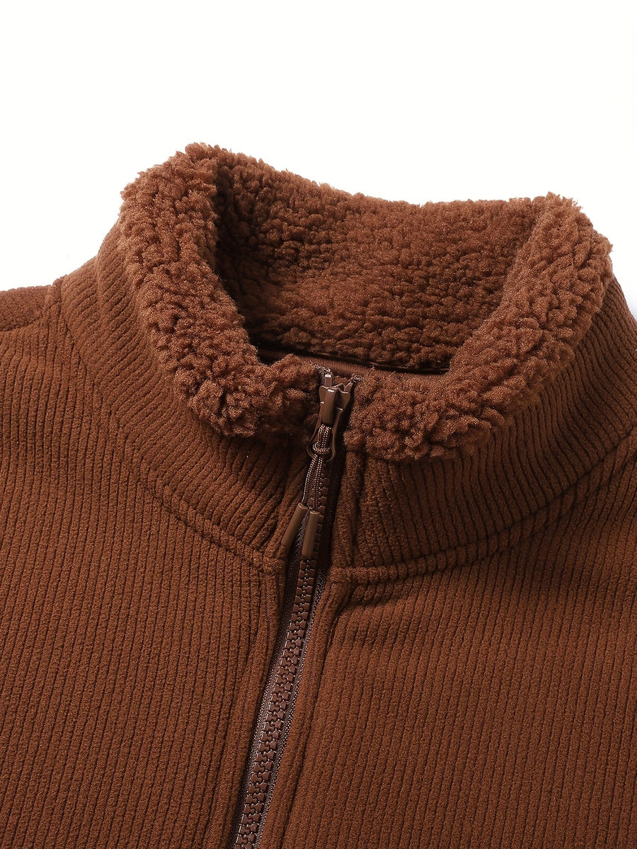 Unisex Ribbad Väst med Fleecefoder och Dragkedja, Fickor, Stående Krage