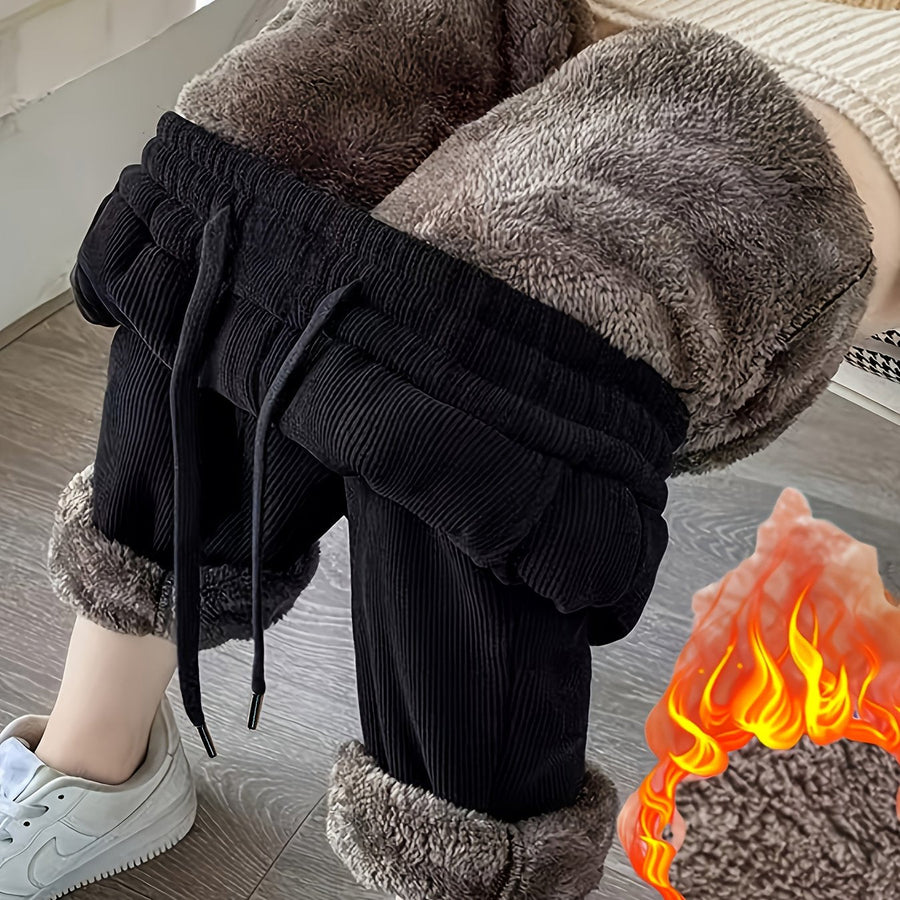 Svarta manchesterbyxor med foder, unisex, med muddar och dragsko