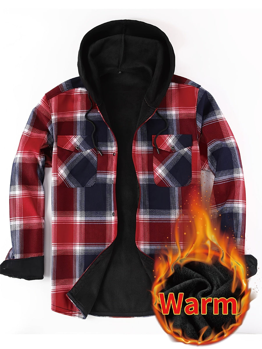 Men���s Plaid Hooded Thermal Flannel Shirt Jacket