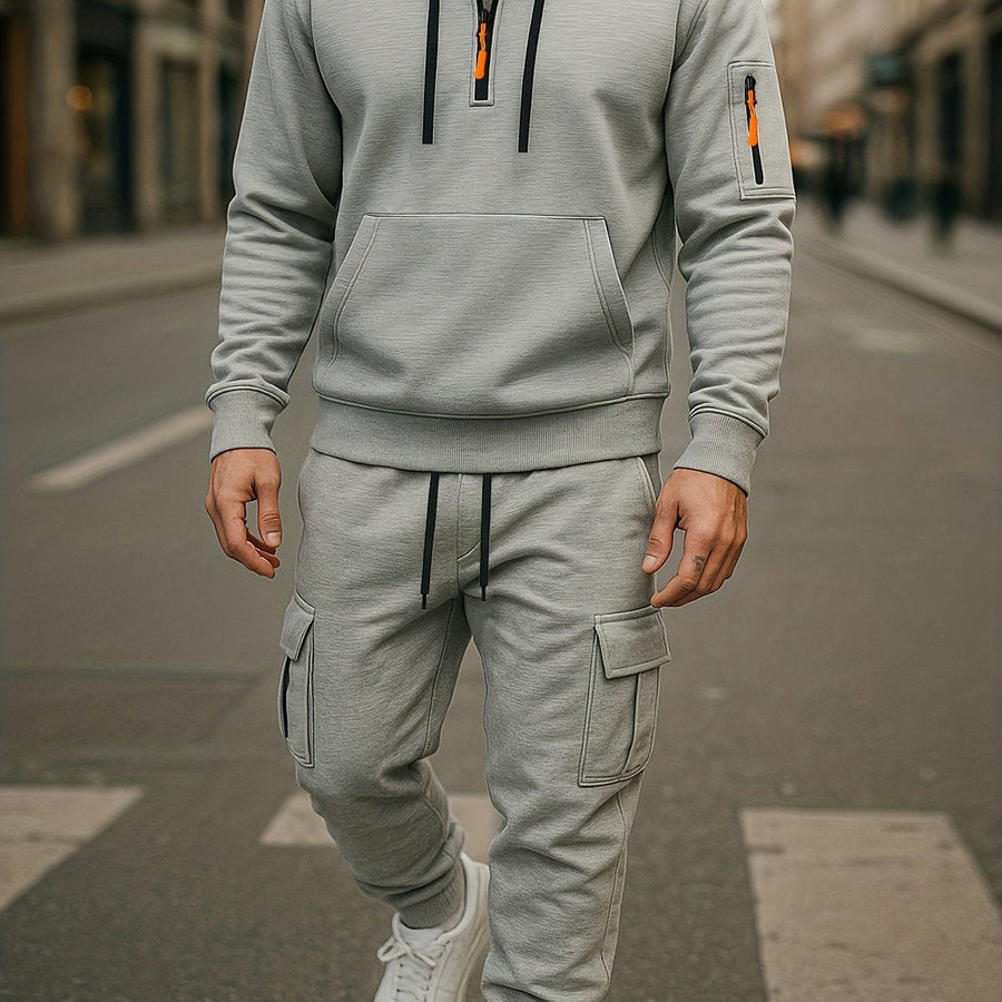 Grå herr hoodie och cargobyxa set med kvartsdragkedja och fickor