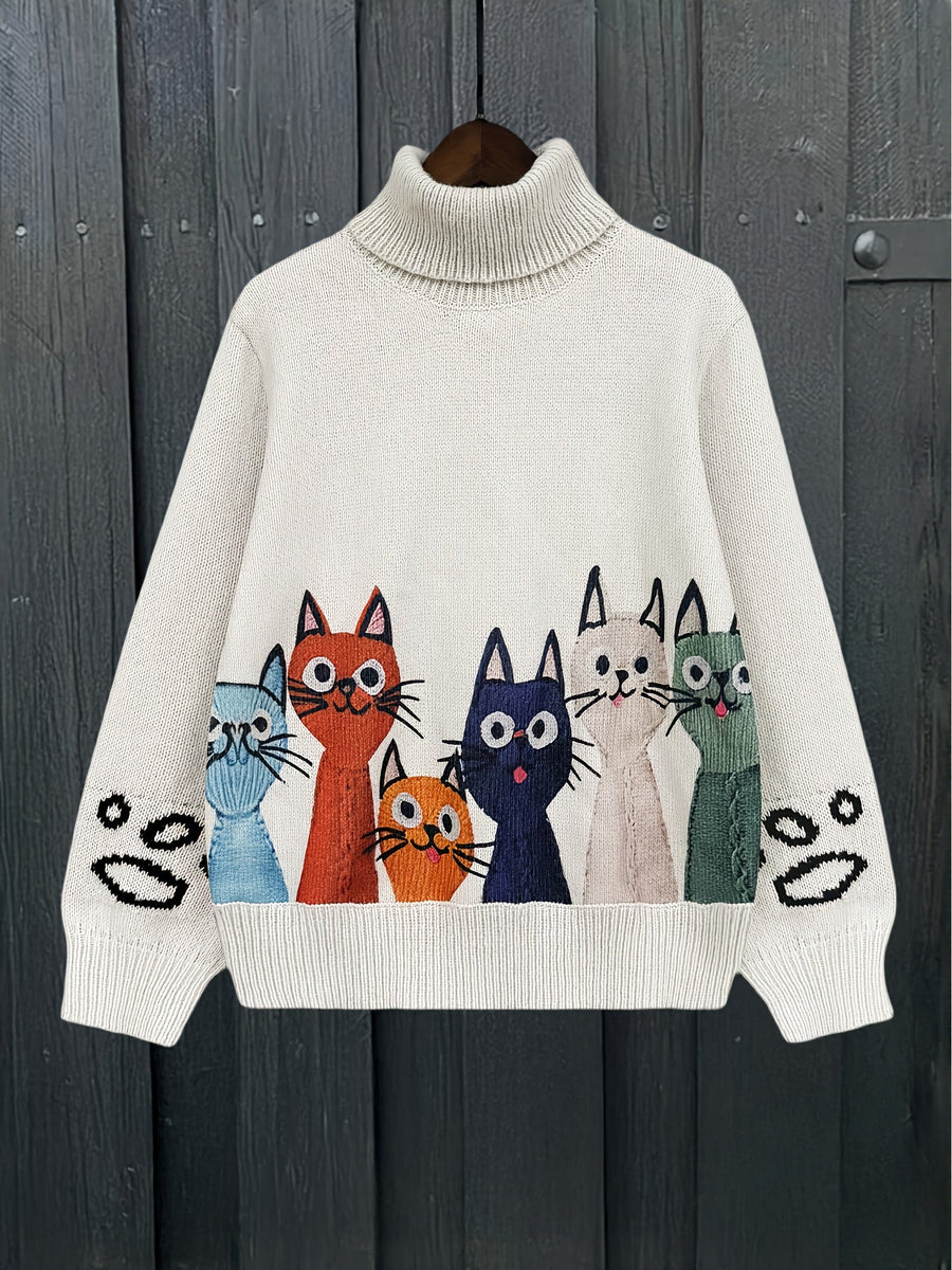 Polotröja med kattmotiv, benvit stickad tröja med rullkrage och färgglada katter