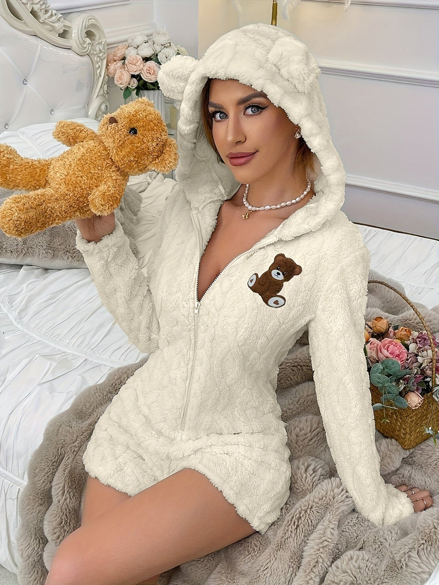 Mysig Teddybjörnsoverall för Dam, Kort Overall med Huva och Dragkedja, Svart eller Vit
