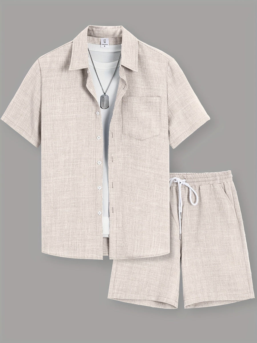 Herr Kortärmad Skjorta och Shorts Set – Avslappnad Sommarlook för Fritid och Semester