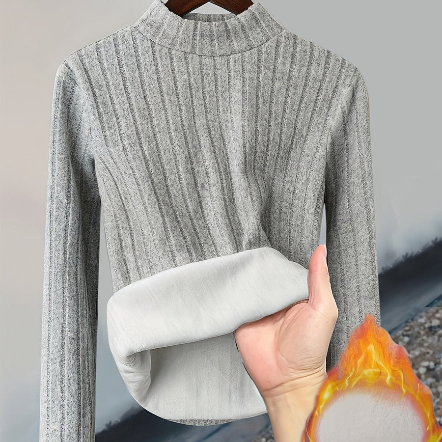 Ribbstickad Damtröja med Foder, Hög Hals & Lång Ärm, Varm