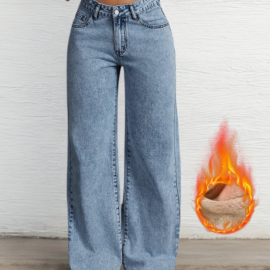 Blå Fodrade Jeans Vid Ben Passform Dam