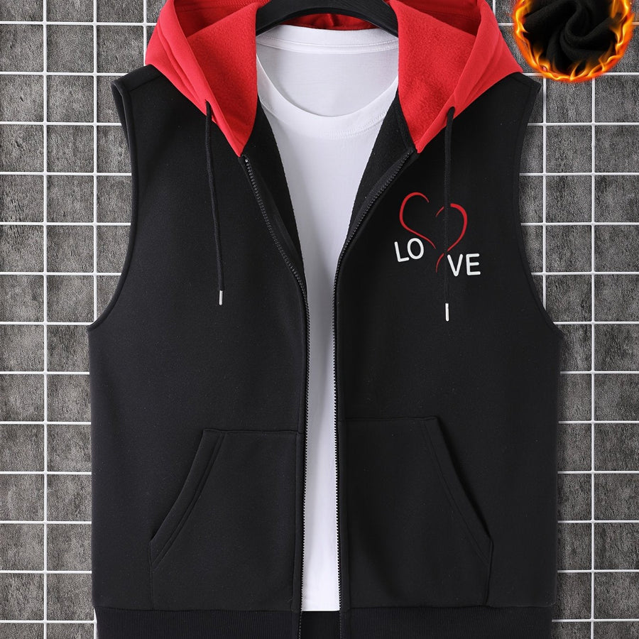 Svart Ärmlös Hoodie med Dragkedja och Röd Huva, Mjukt Foder, 'LOVE'-tryck