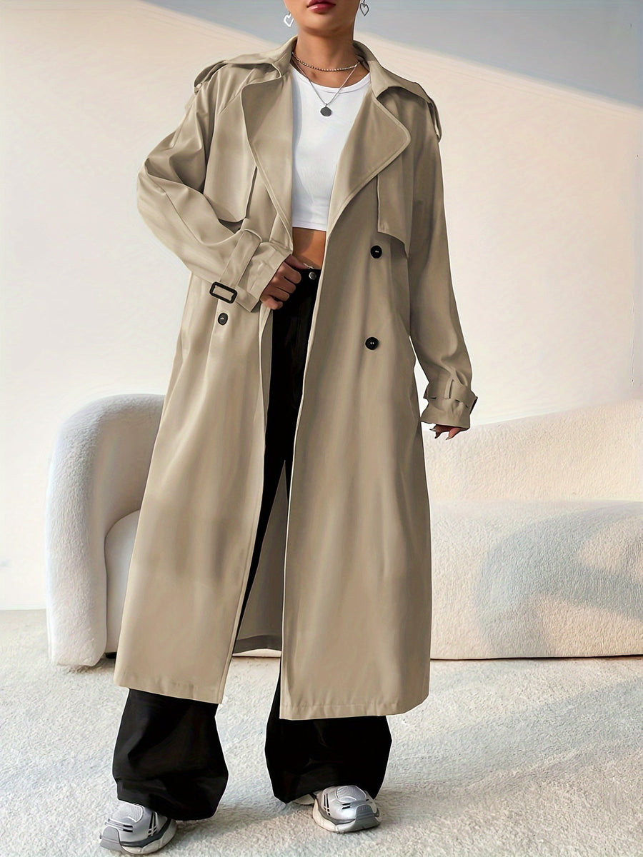 Dam Trenchcoat Lång Beige Dubbelknäppt med Skärpdetalj