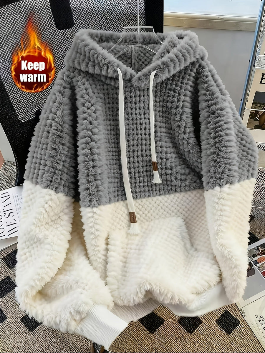 Fuskpäls Hoodietröja i Mjukt Material med Kontrastfärgade Paneler, Unisex