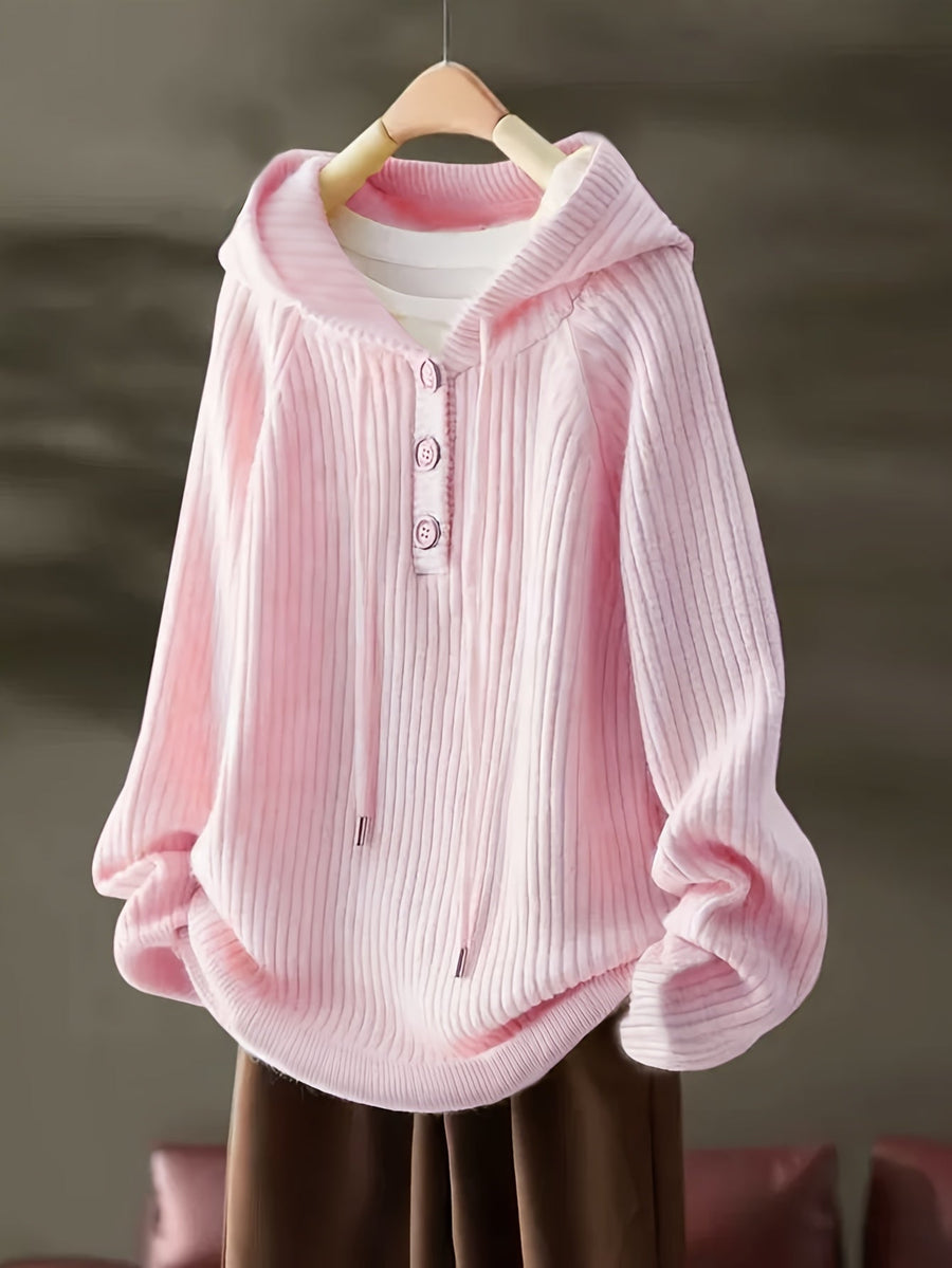 Ribbstickad damhoodie med knappar och huva, Långärmad stickad tröja
