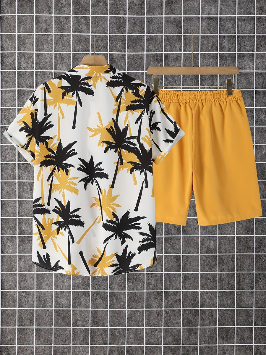 Herr Skjorta med Palmtryck och Shorts – Semesterset för Strand och Sommar