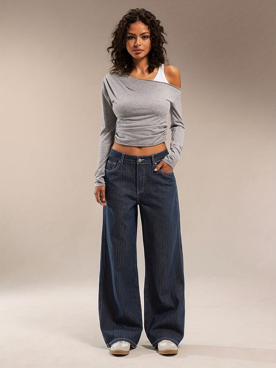 Mörkblå Ränder Vida Jeans för Dam