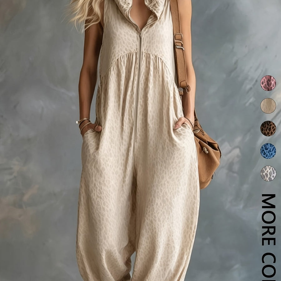 Leopardmönstrad damjumpsuit med huva och dragkedja, ärmlös