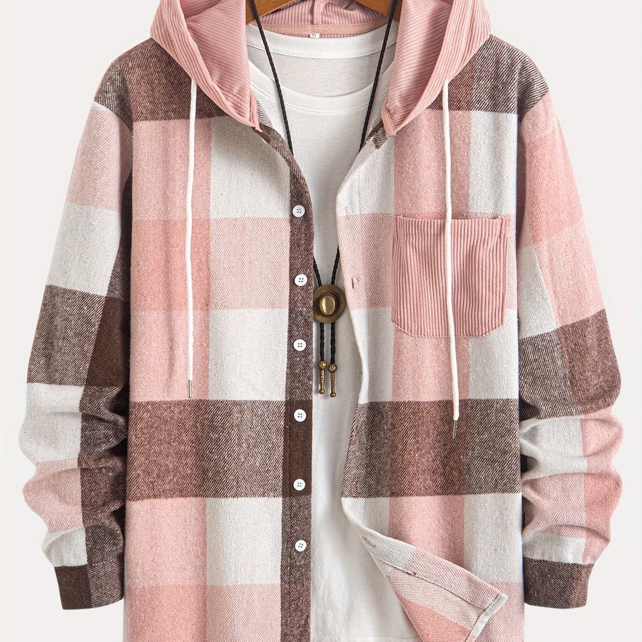 Rutig Overshirt med Huva för Herr, Brun Corduroy Huva och Bröstficka, Knappstängning