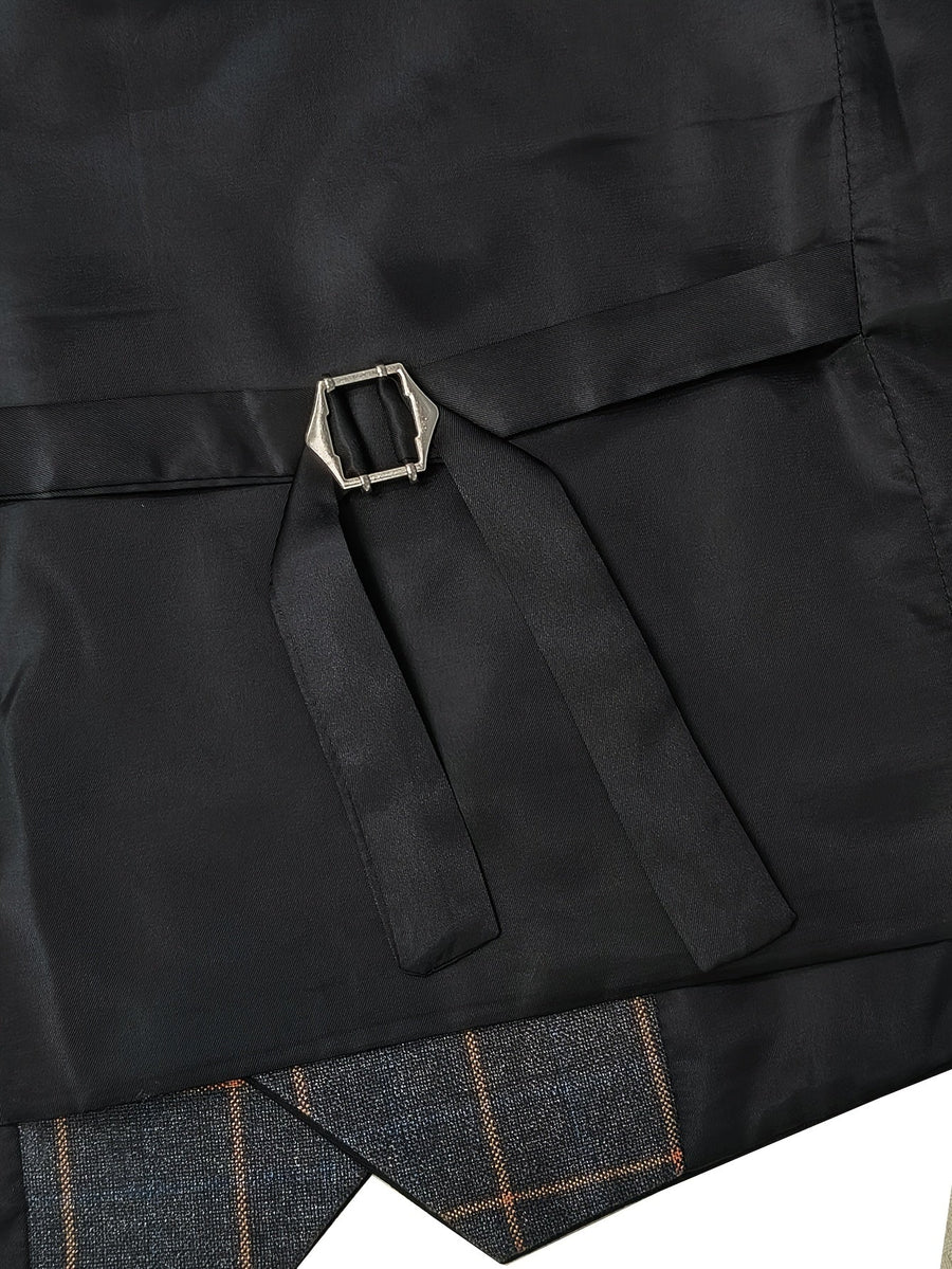 Rutig Herrkostym i Tre Delar Grå Dubbelknäppt Västar Slim Fit