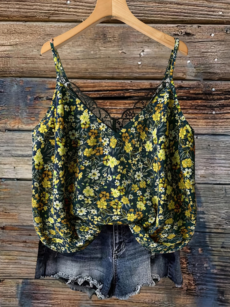 Damlinne med blommigt mönster och spetsdetalj – Somrig topp för casual stil