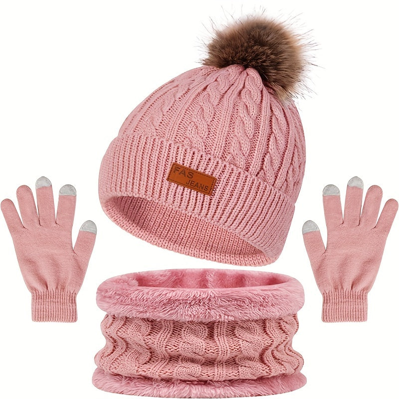 Stickad Mössa Halsduk Vantar Set med Pom-Pom Touchfunktion Vit