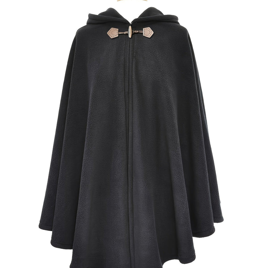 Fleeceponcho med huva och knäppning, enfärgad damponcho