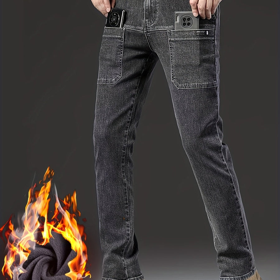 Herrjeans med fleecefoder svarta med raka ben och cargofickor