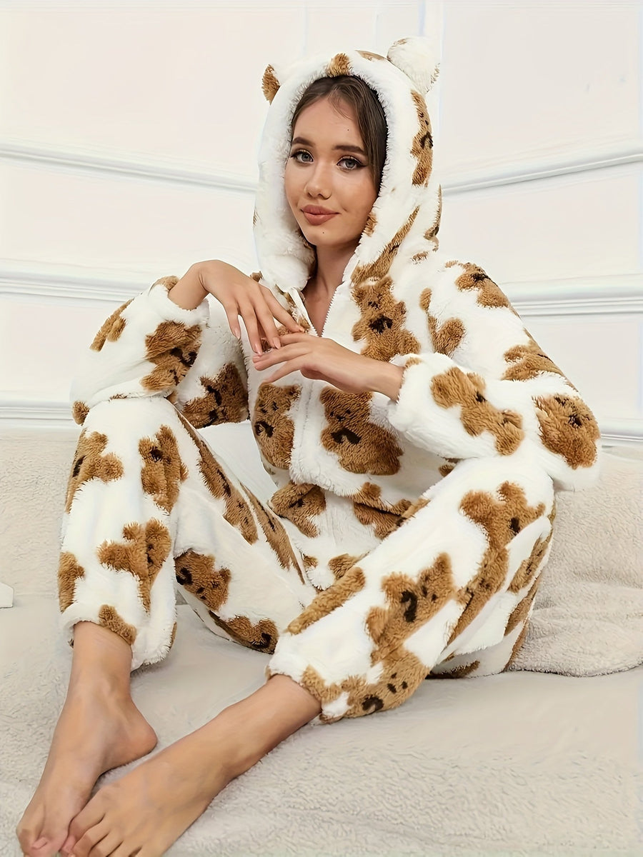 Rosa Fluffig Onesie med Björnmönster och Huva med Öron