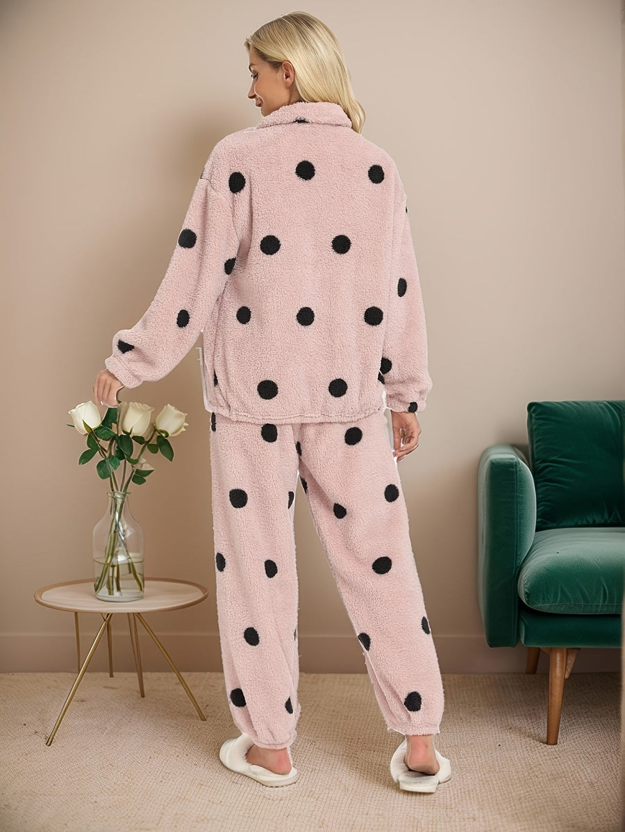 Dam Pyjamas Set i Fluffigt Material med Svarta Prickar och Dragkedja