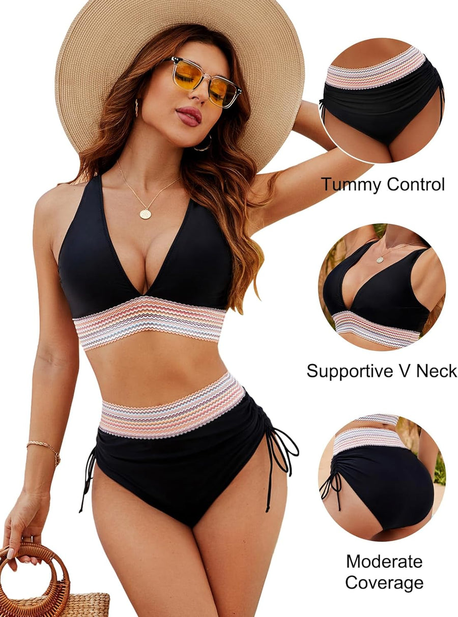 Dam Bikini Set med Hög Midja och Push-Up – Elegant Strandmode med Tummy Control