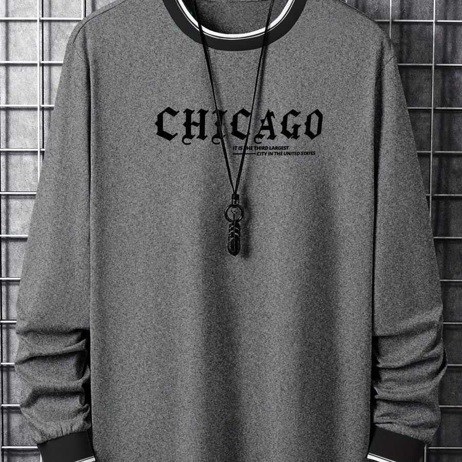 Tröja med lång ärm och Chicago-tryck, rund halsringning, randiga detaljer