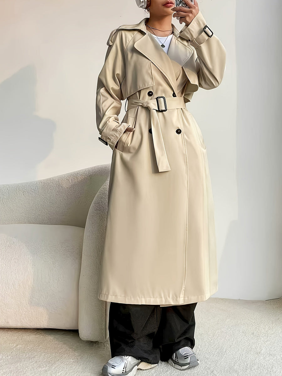 Dam Trenchcoat Lång Beige Dubbelknäppt med Skärpdetalj