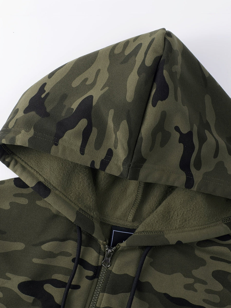 Kamouflagemönstrad Hoodie med Dragkedja och Byxor – Tvådelat Herrset i Grönskala