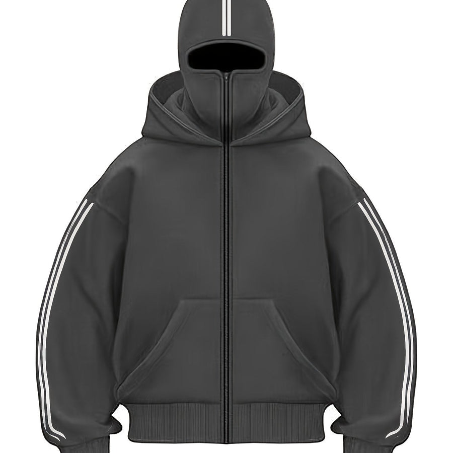 Hoodie med dragkedja och integrerad balaklava, vita ränder