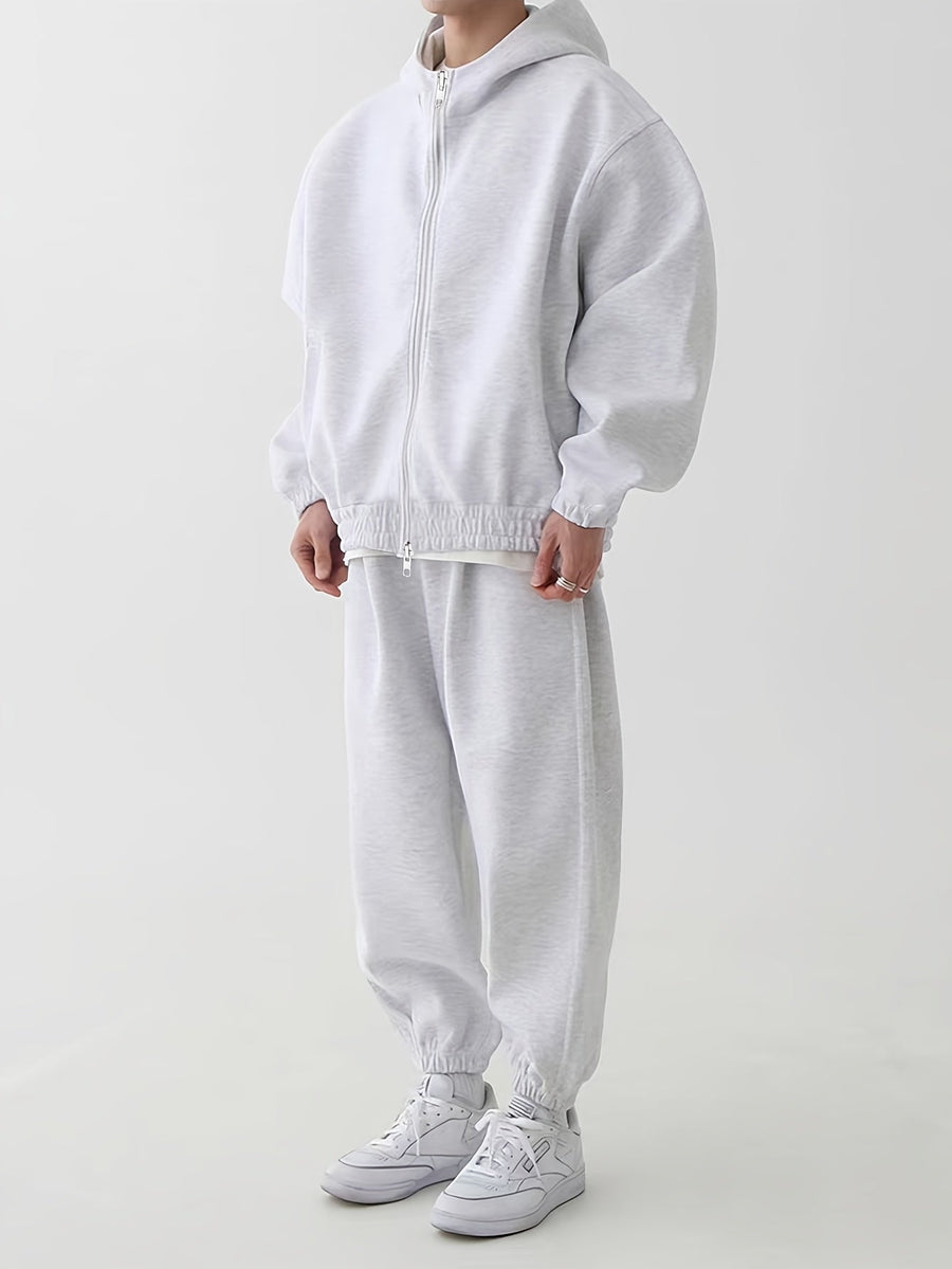 Hoodie och Mjukisbyxor Set, Ensfärgad Träningsset med Dragkedja