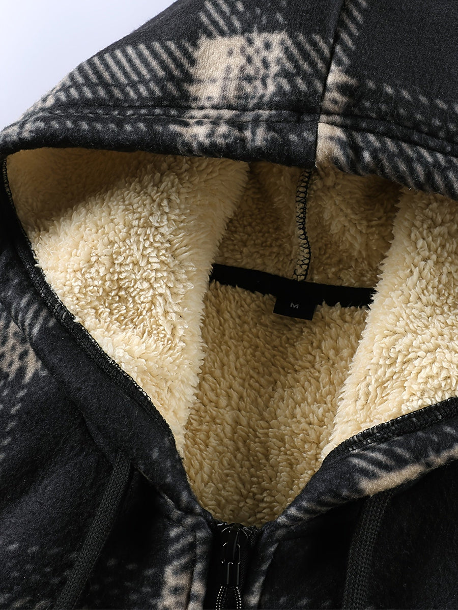 Rutig huvjacka med pälsimitation i innerfoder