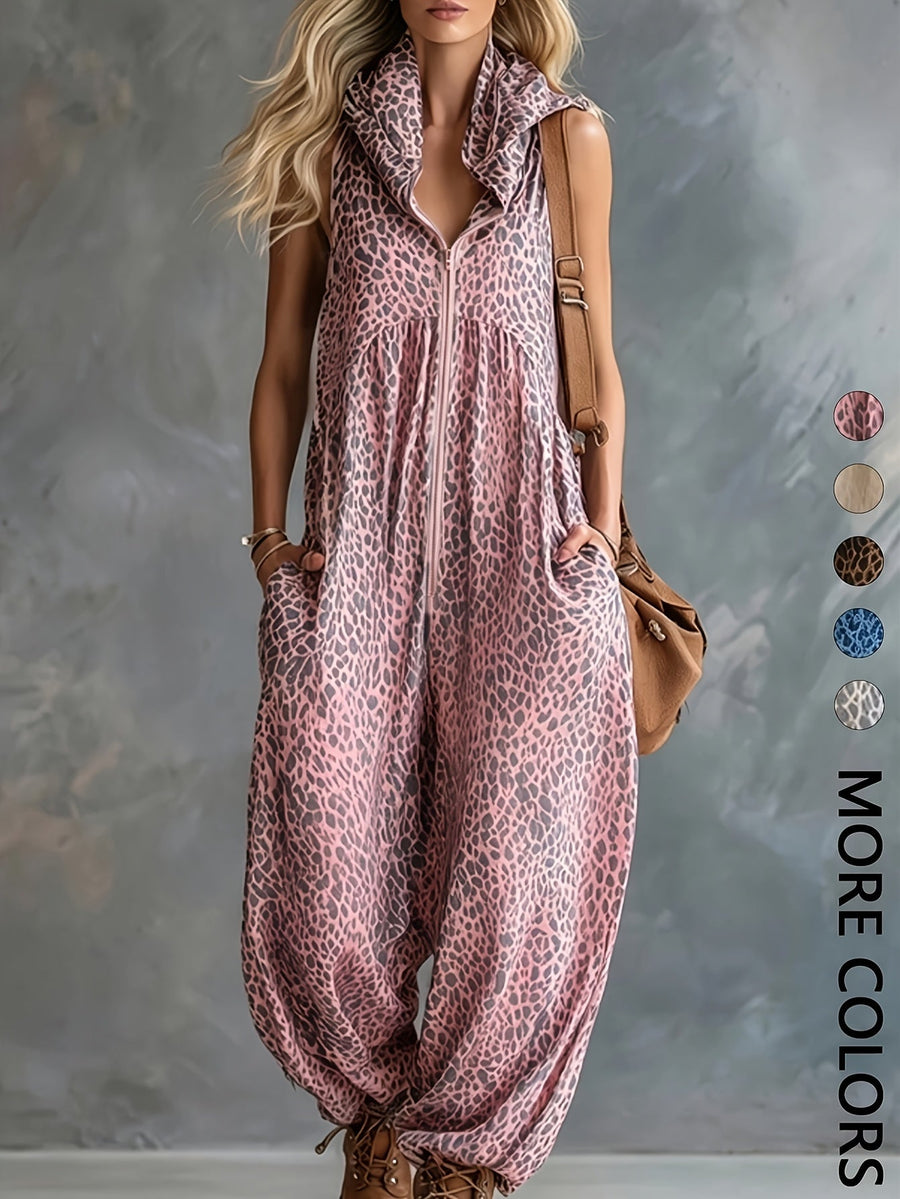 Leopardmönstrad damjumpsuit med huva och dragkedja, ärmlös
