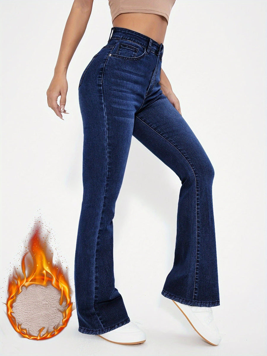 Mörkblå Högmidjade Utställda Jeans med Foder