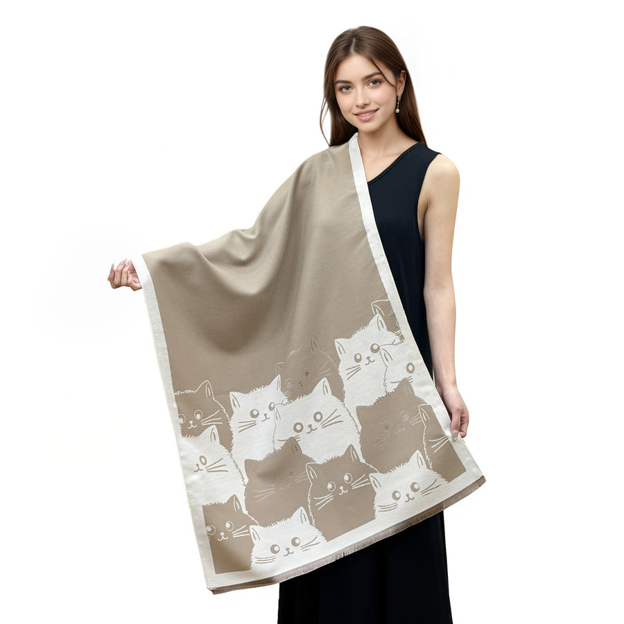 Poncho med kattmotiv och fransar, brun
