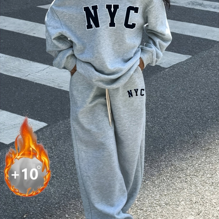 Grå Långärmad Tröja och Byxor med Löst Sittande Passform "NYC" Tryck
