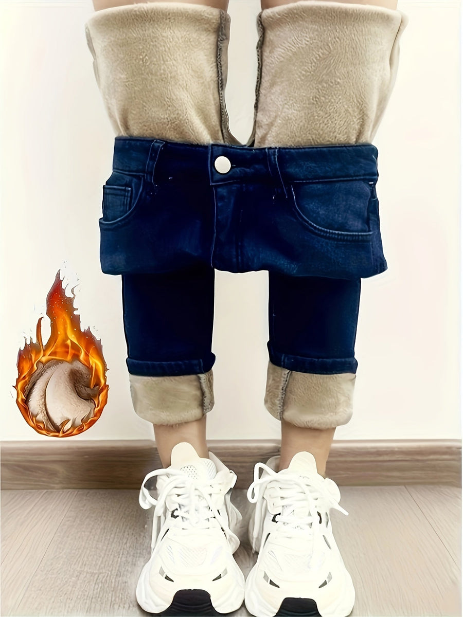 Svarta jeansleggings med foder, stretchiga termobyxor med hög midja