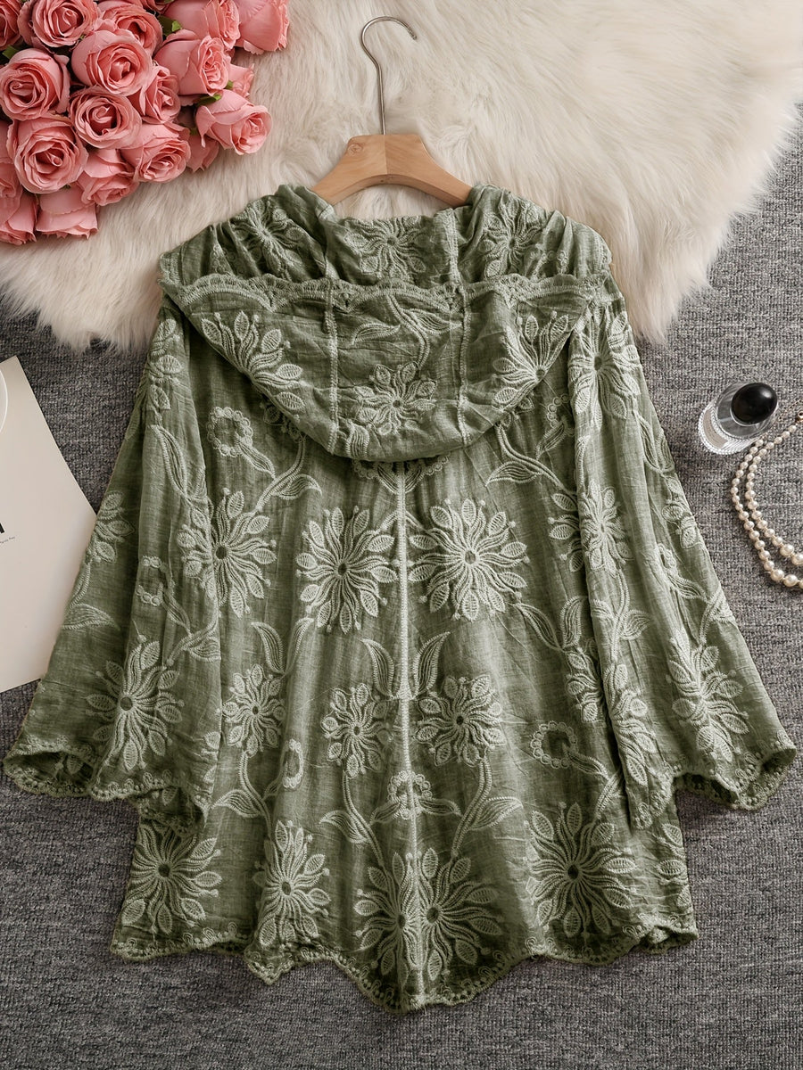 Dam Blus med huva och blommigt broderi, knappstängning