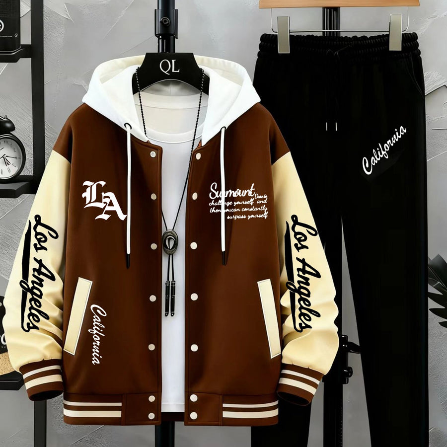 Unisex Varsity Träningsset med Tryck och Joggingbyxor, Tvåfärgad Jacka med Knappar
