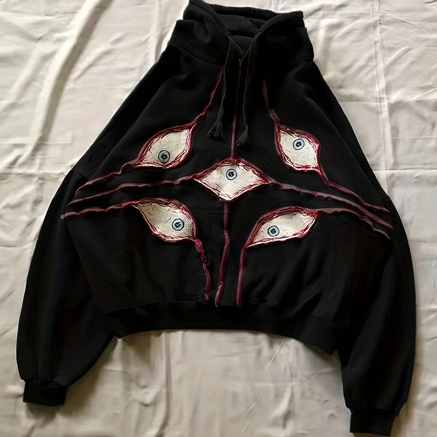 Hoodie med ögonmotiv och dragsko - Långärmad huvtröja