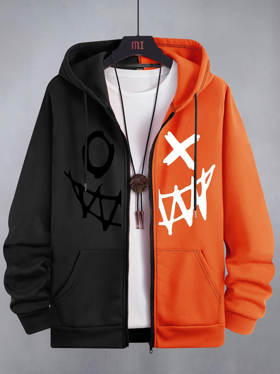 Hoodie med dragkedja och ansiktsmönster i tvåfärgad design