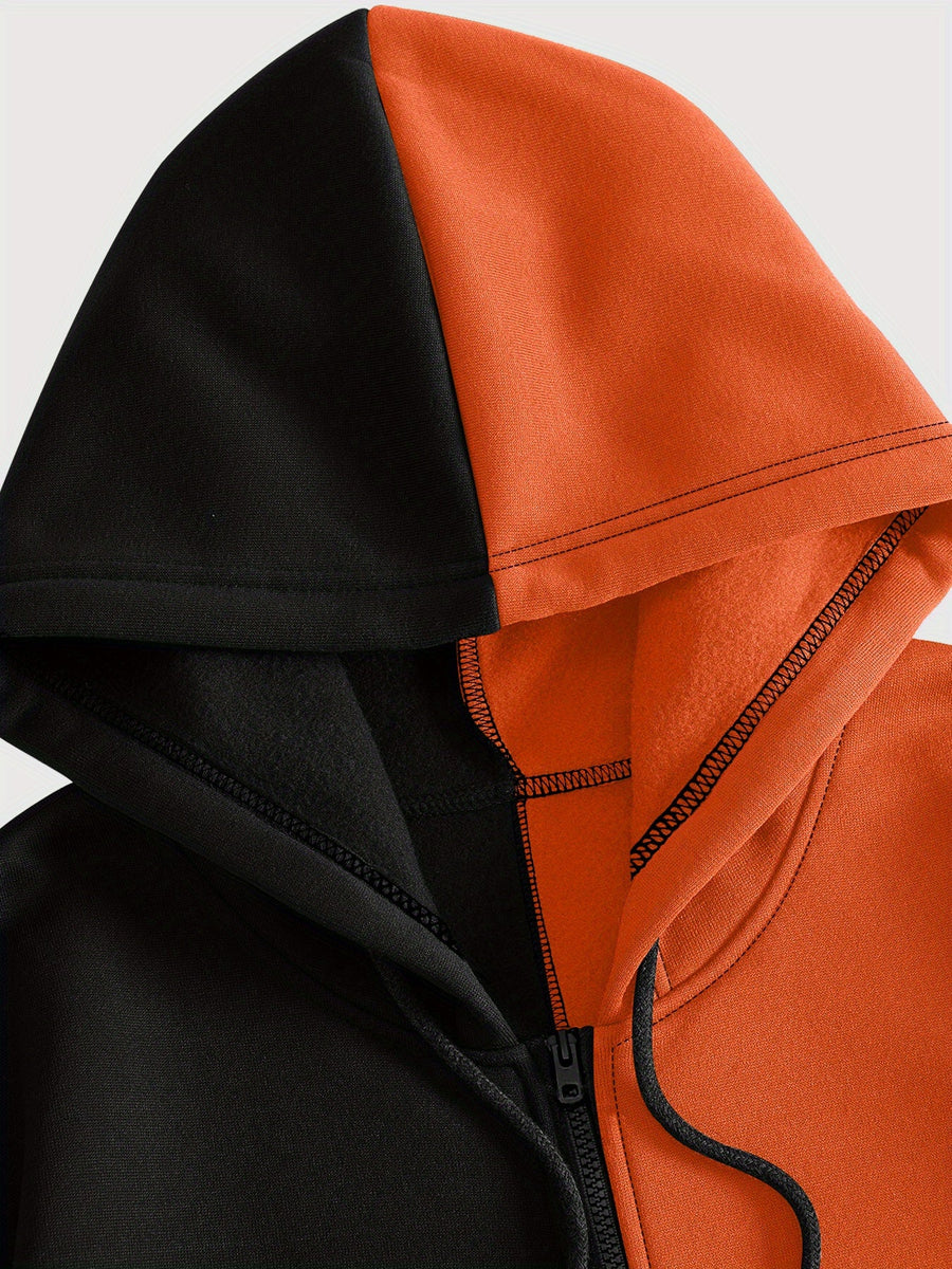 Hoodie med dragkedja och ansiktsmönster i tvåfärgad design
