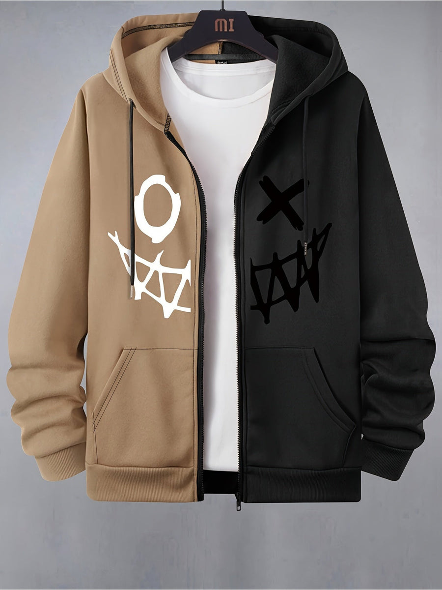 Hoodie med dragkedja och ansiktsmönster i tvåfärgad design