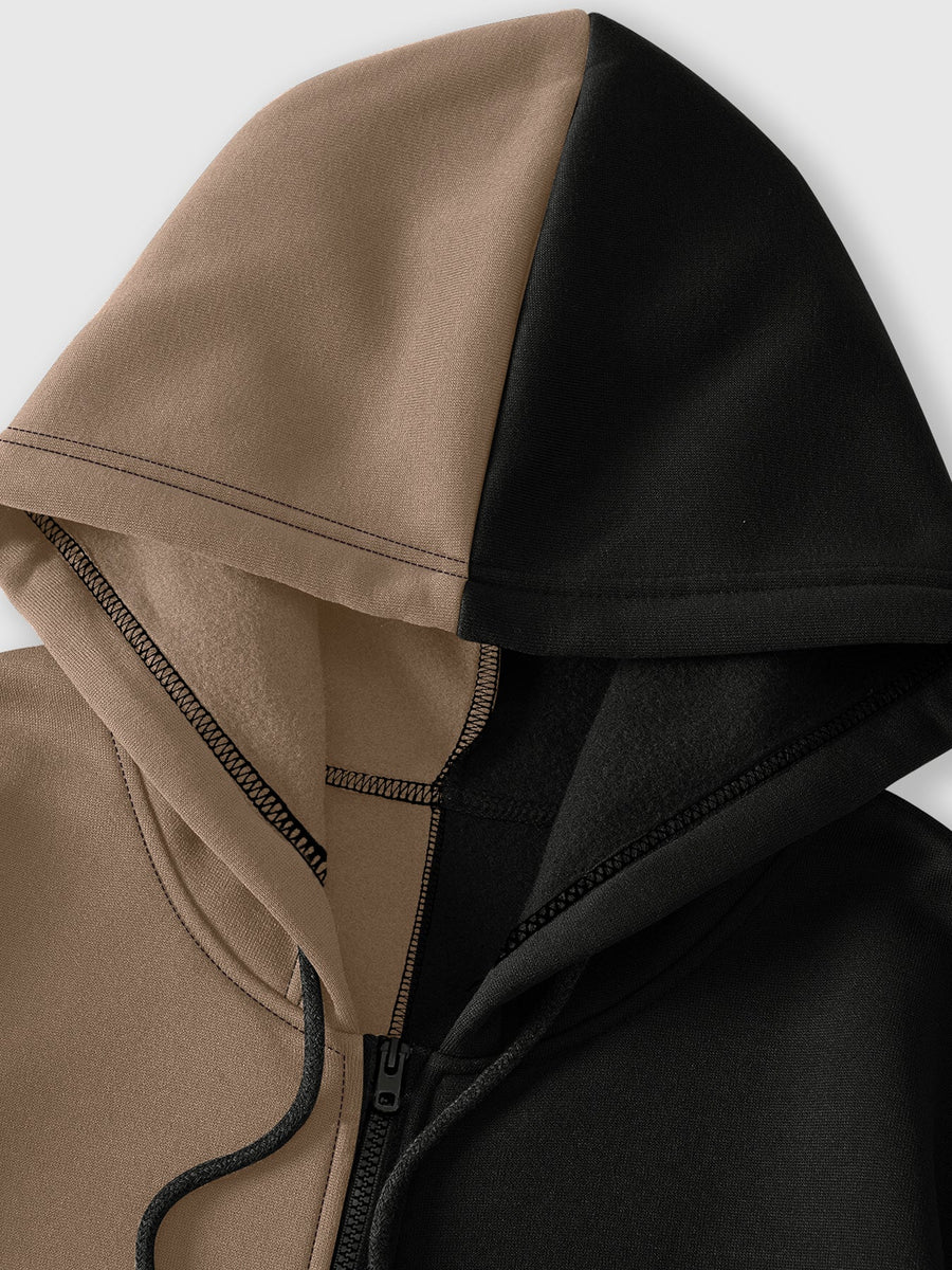 Hoodie med dragkedja och ansiktsmönster i tvåfärgad design