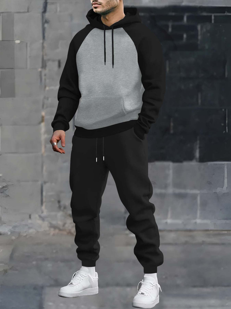 Herr Hoodieset med Kontrastfärgade Raglanärmar och Svarta Mjukisbyxor
