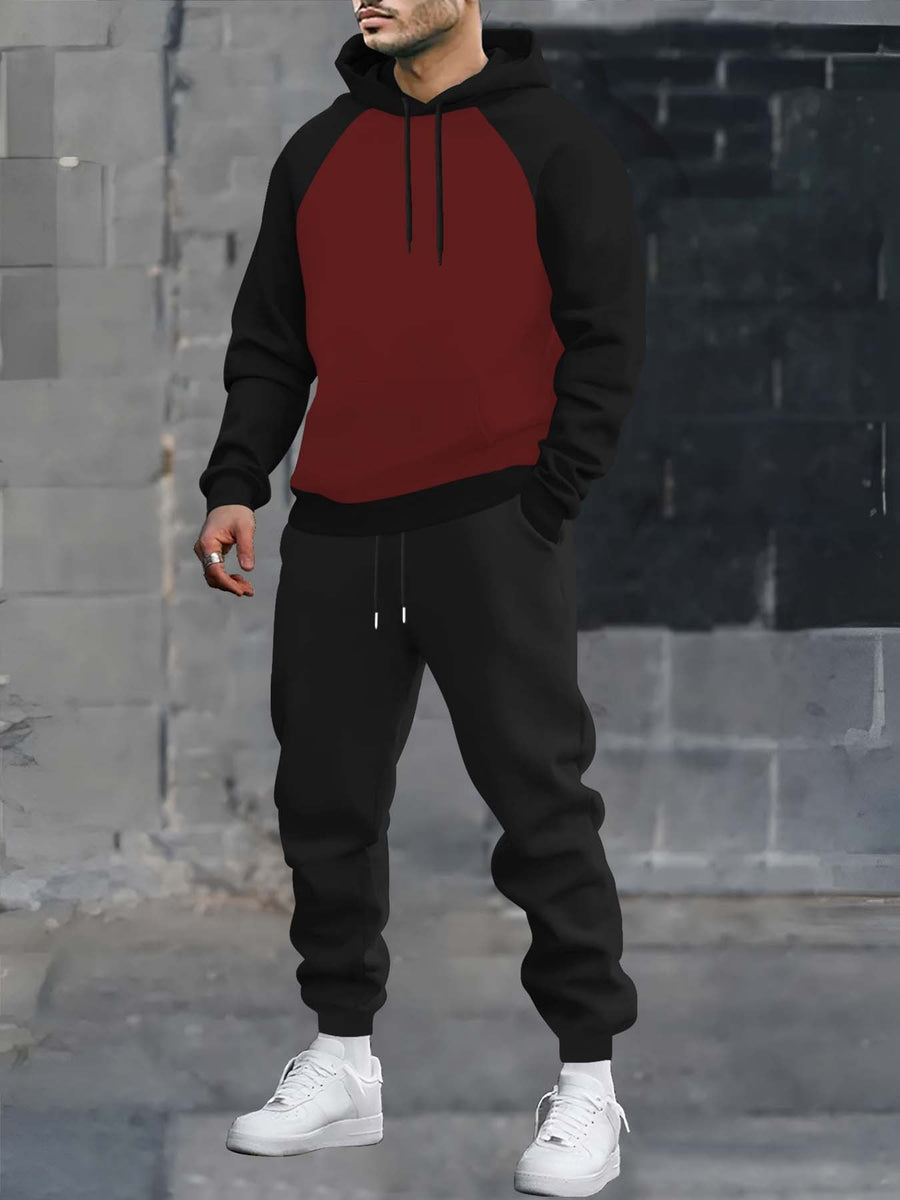 Herr Hoodieset med Kontrastfärgade Raglanärmar och Svarta Mjukisbyxor