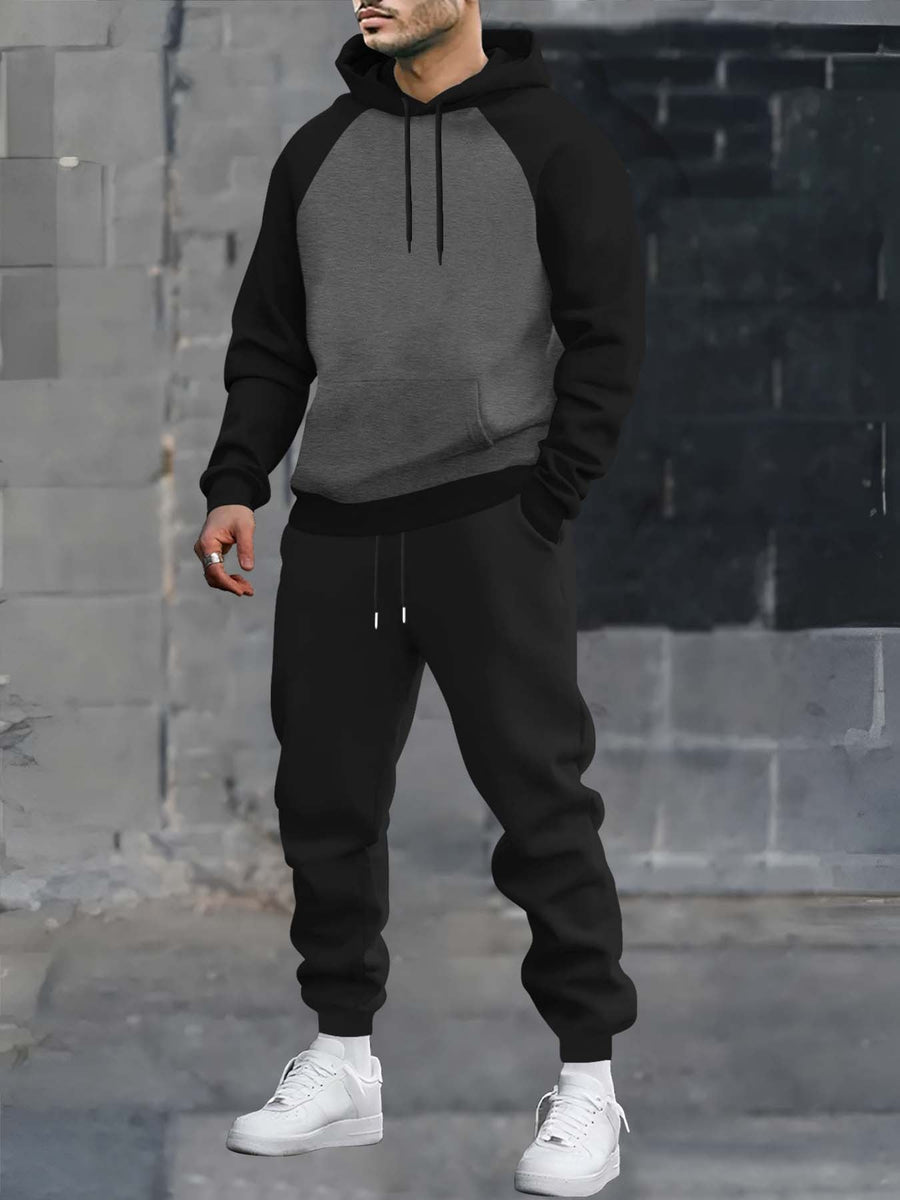 Herr Hoodieset med Kontrastfärgade Raglanärmar och Svarta Mjukisbyxor